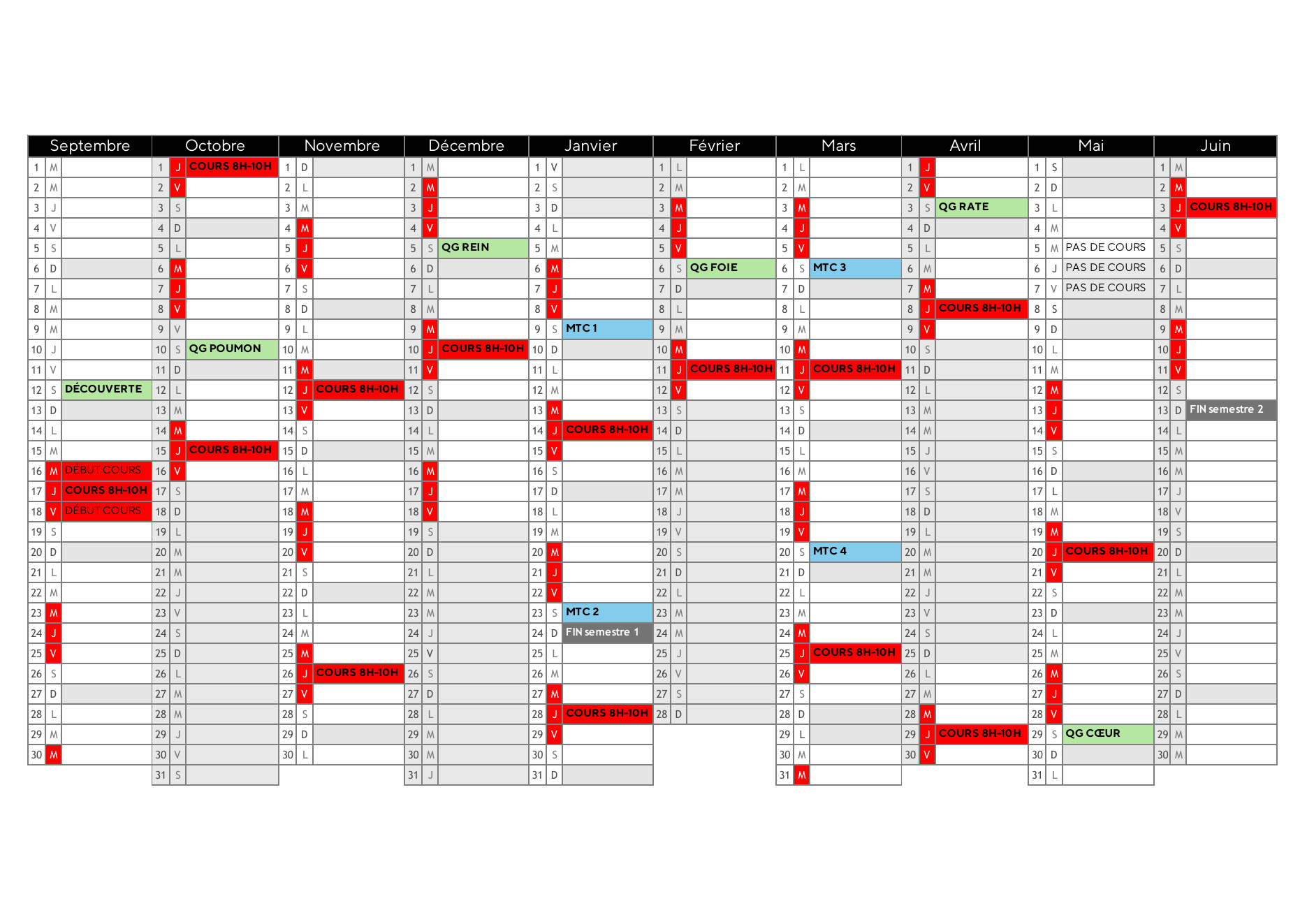 Calendrier des cours de Qi Gong 2026-2027